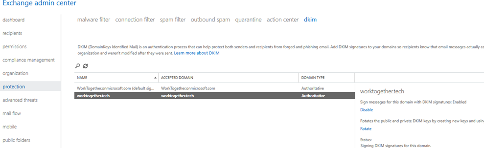 Exchange Admin center DKIM